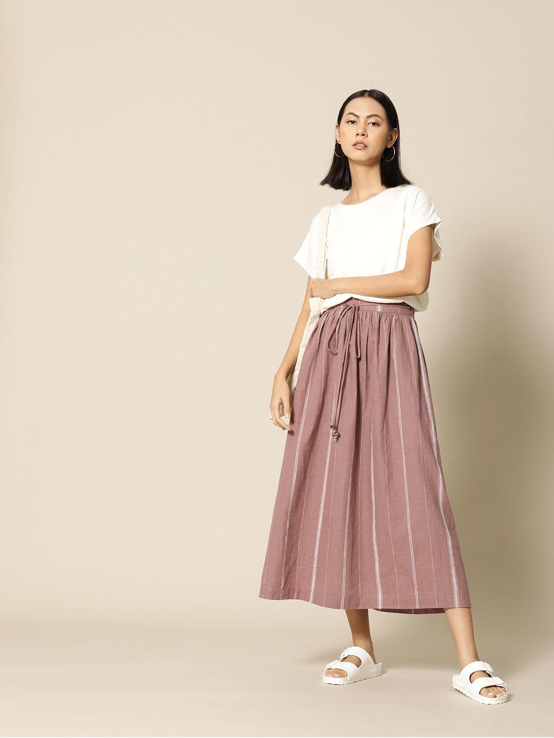 bower women mauve & off-white linen cotton striped a-line maxi skirt