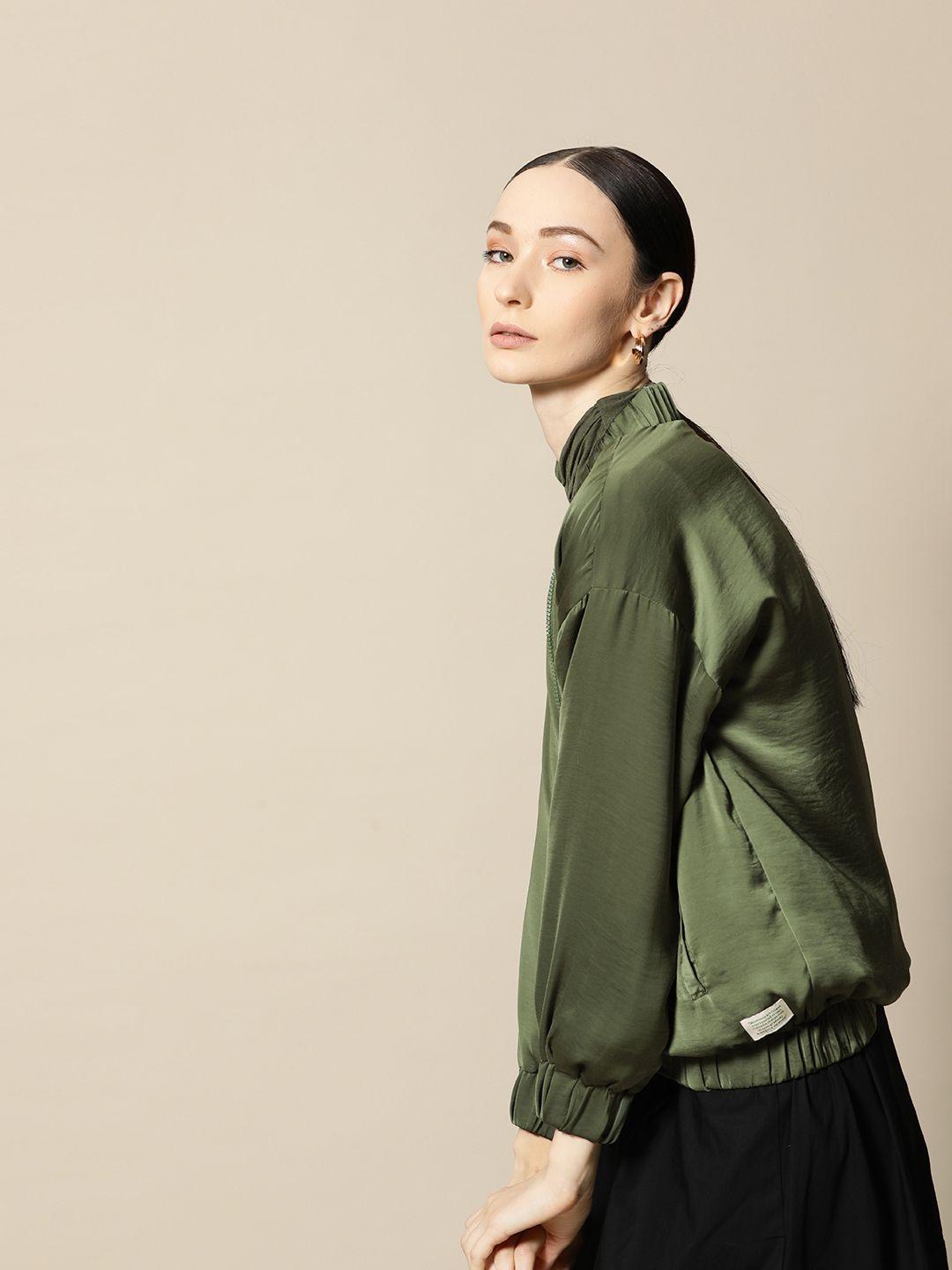 bower women olive green solid bomber jacket