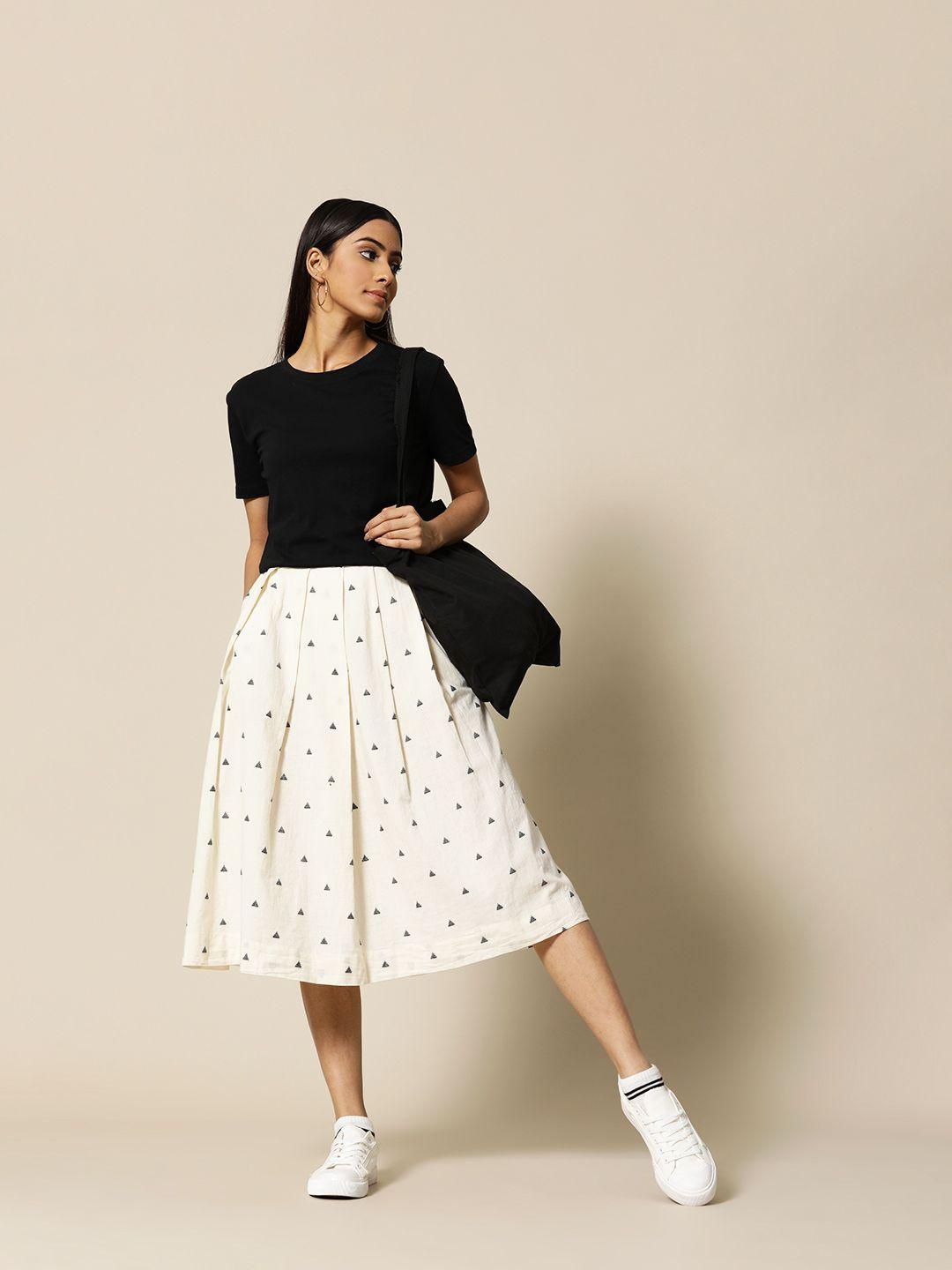 bower women white & black dobby premium cotton elasticated pleated skirt with pockets