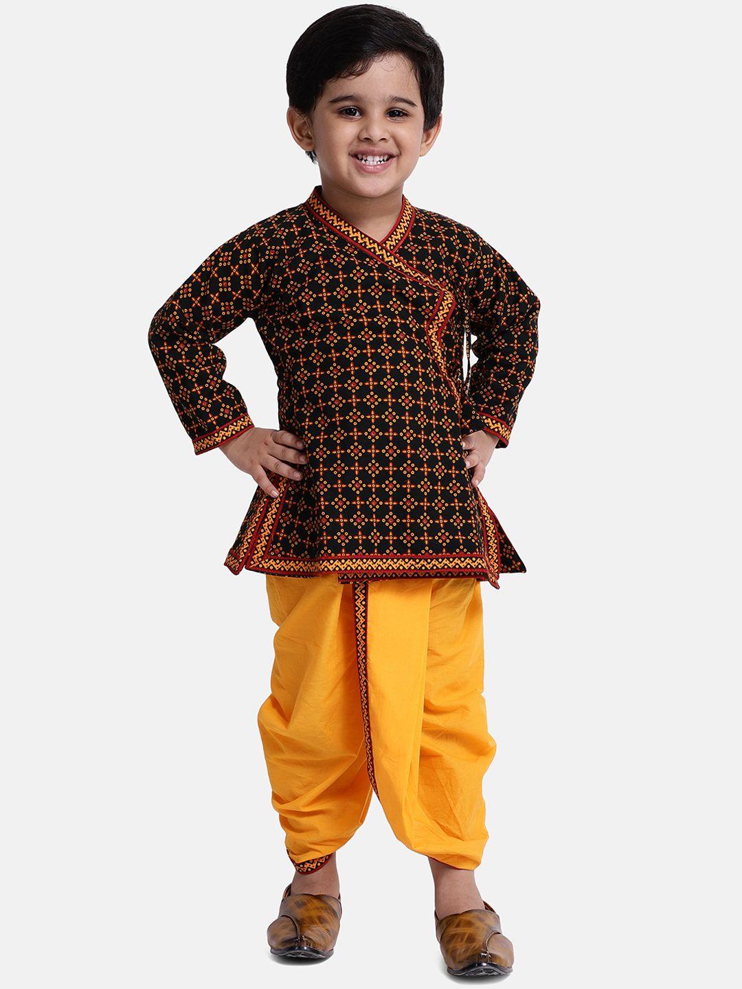 bownbee boys black & yellow printed kurta with dhoti pants