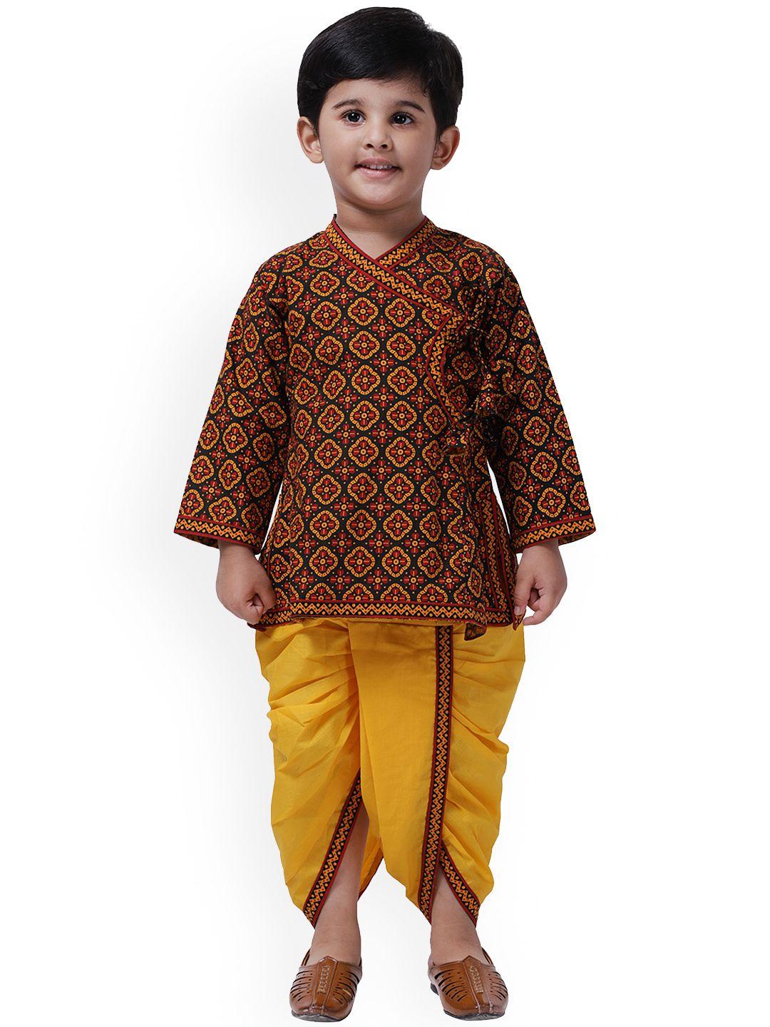 bownbee boys black & yellow printed kurta with dhoti pants