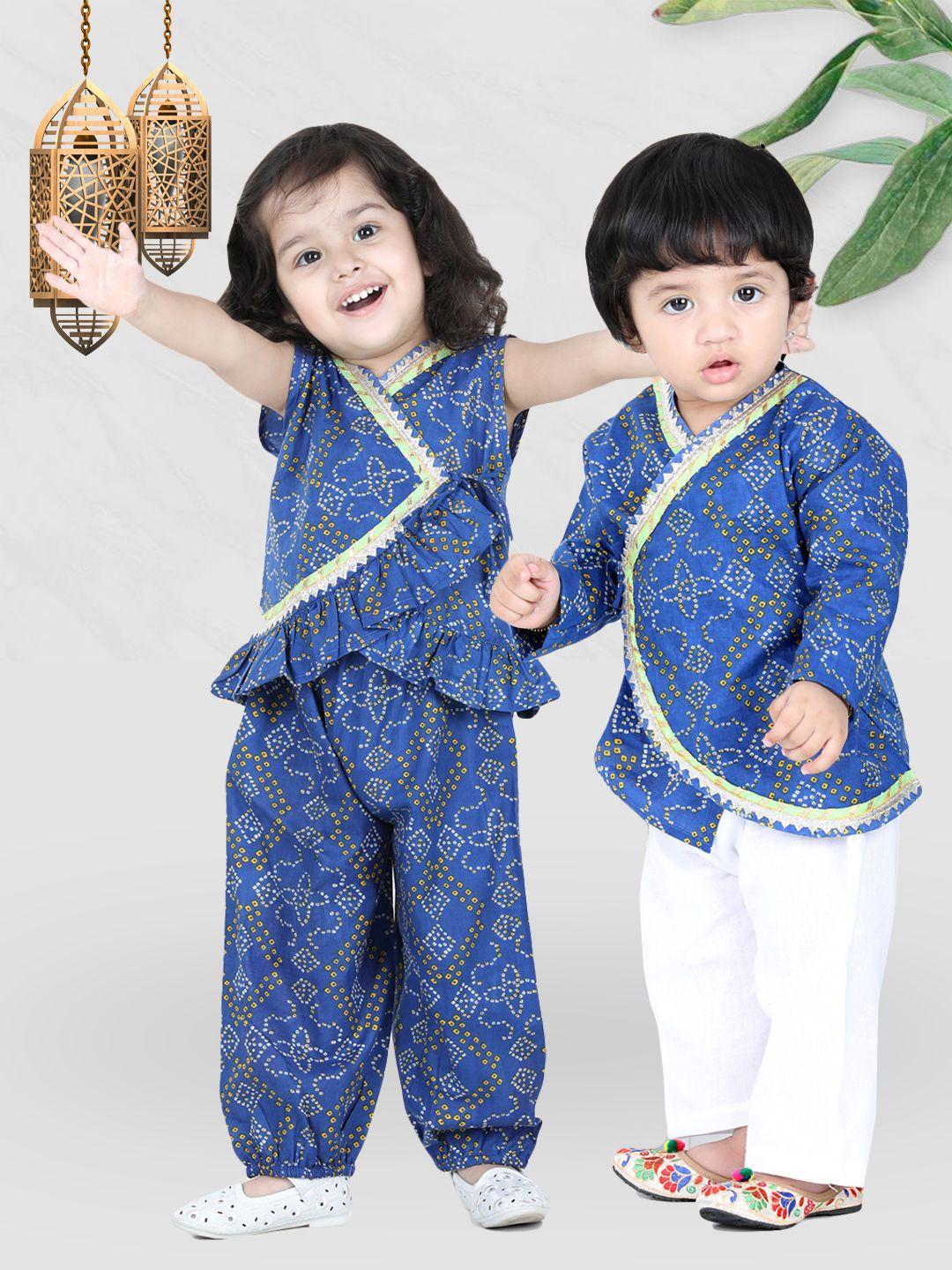 bownbee boys blue ethnic motifs printed angrakha pure cotton kurta with pyjamas