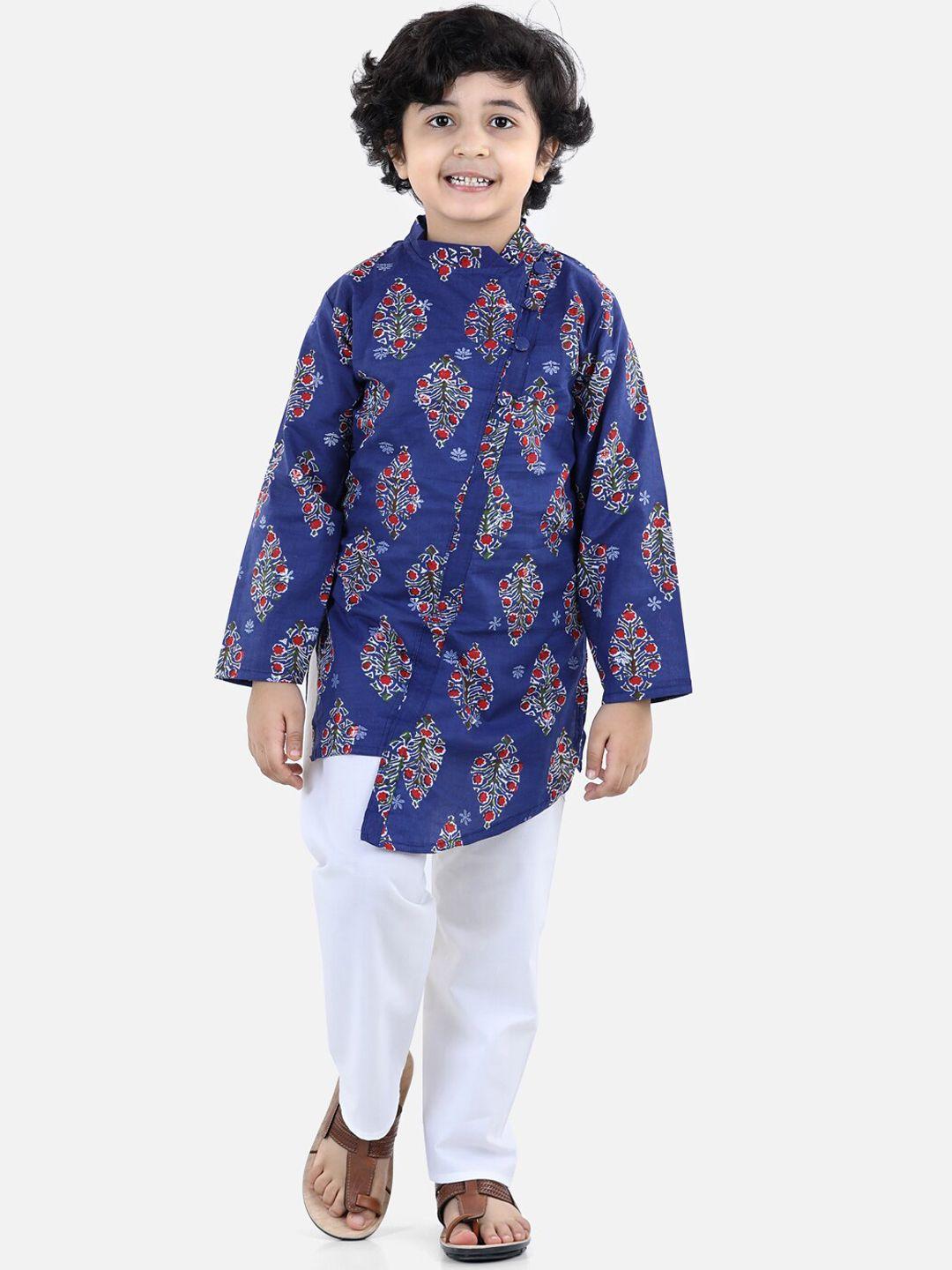 bownbee boys blue floral printed angrakha pure cotton kurta with pyjamas