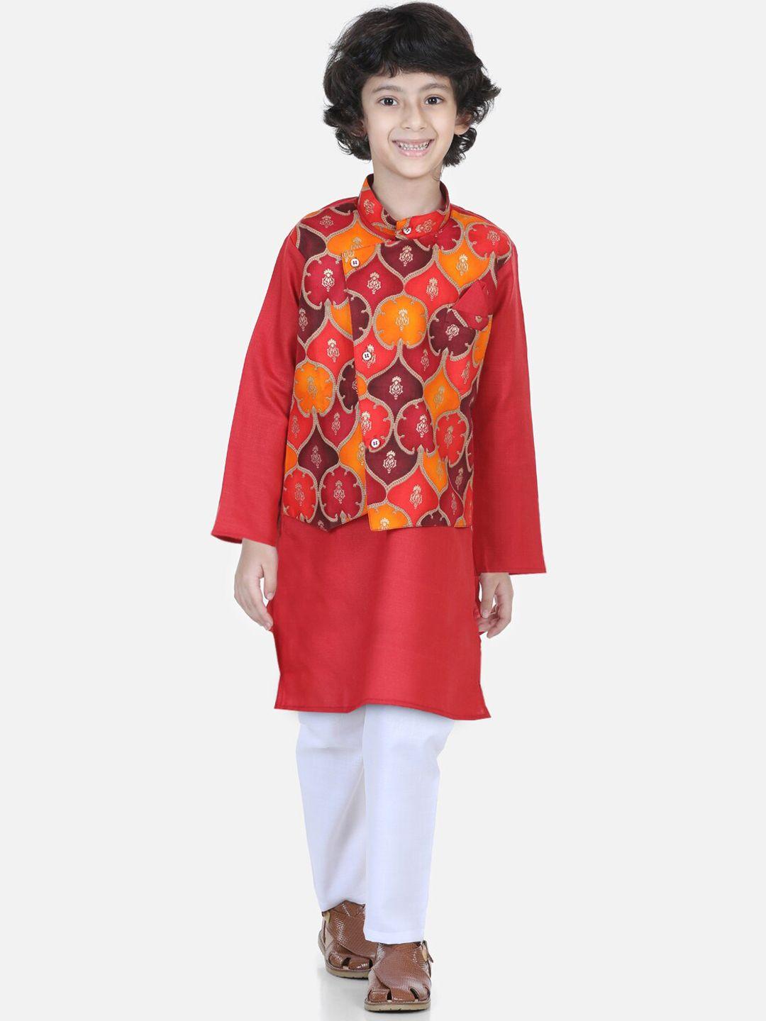 bownbee boys ethnic motifs printed kurta with attatched jacket & pyjamas