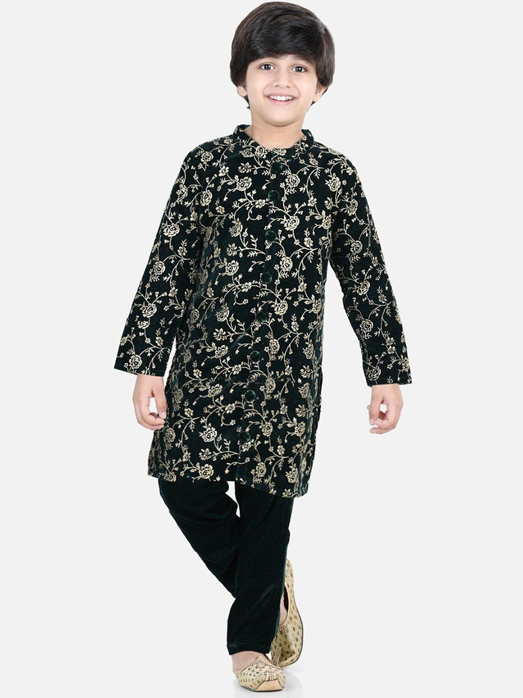 bownbee boys green & gold-toned floral printed velvet sherwani set