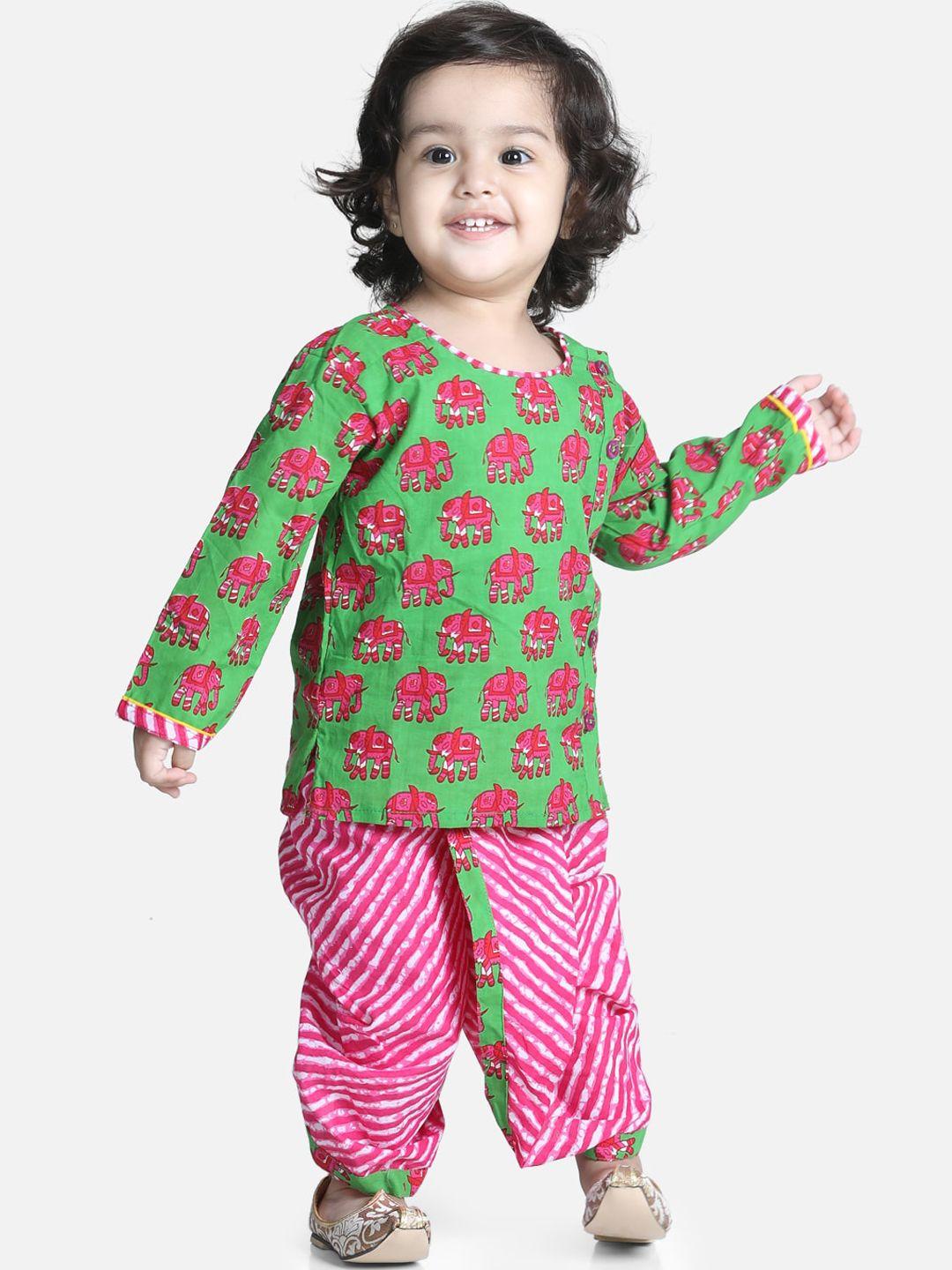 bownbee boys green & pink ethnic motifs printed pure cotton kurta with dhoti pants