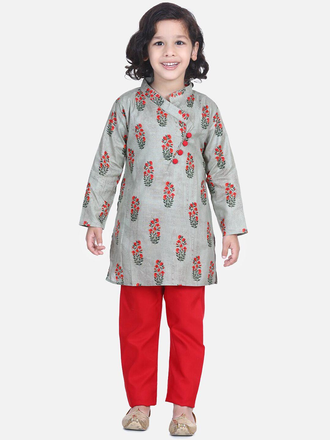 bownbee boys grey & red printed cotton kurta with pyjamas