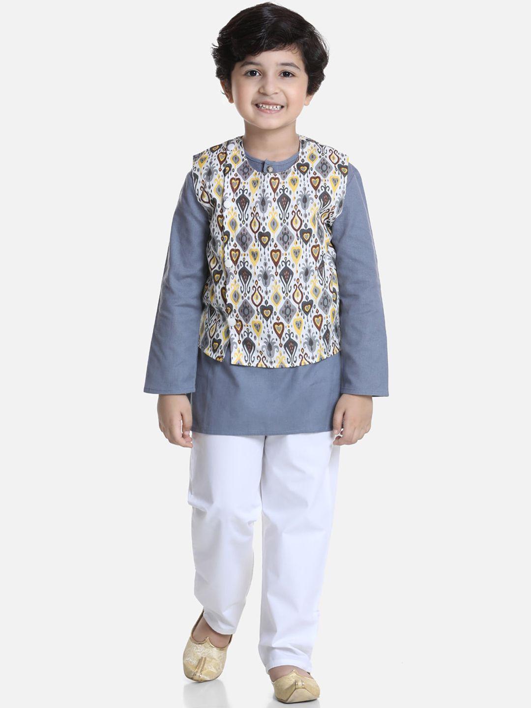 bownbee boys grey printed pure cotton kurta with pyjamas