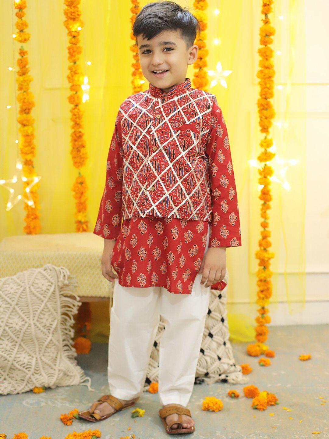 bownbee boys mandarin collar ethnic motifs pure cotton kurta with pyjama & jacket