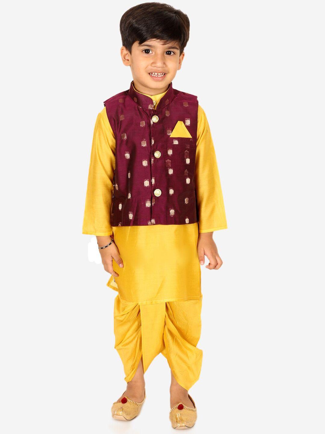 bownbee boys mandarin collar pure cotton kurta & dhoti pants with nehru jacket