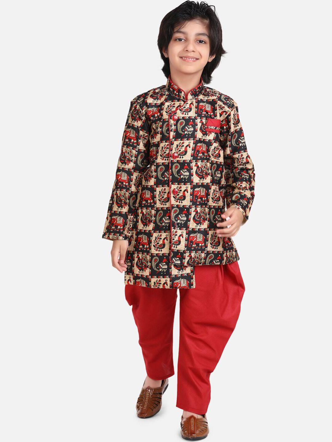 bownbee boys red & beige printed sherwani set