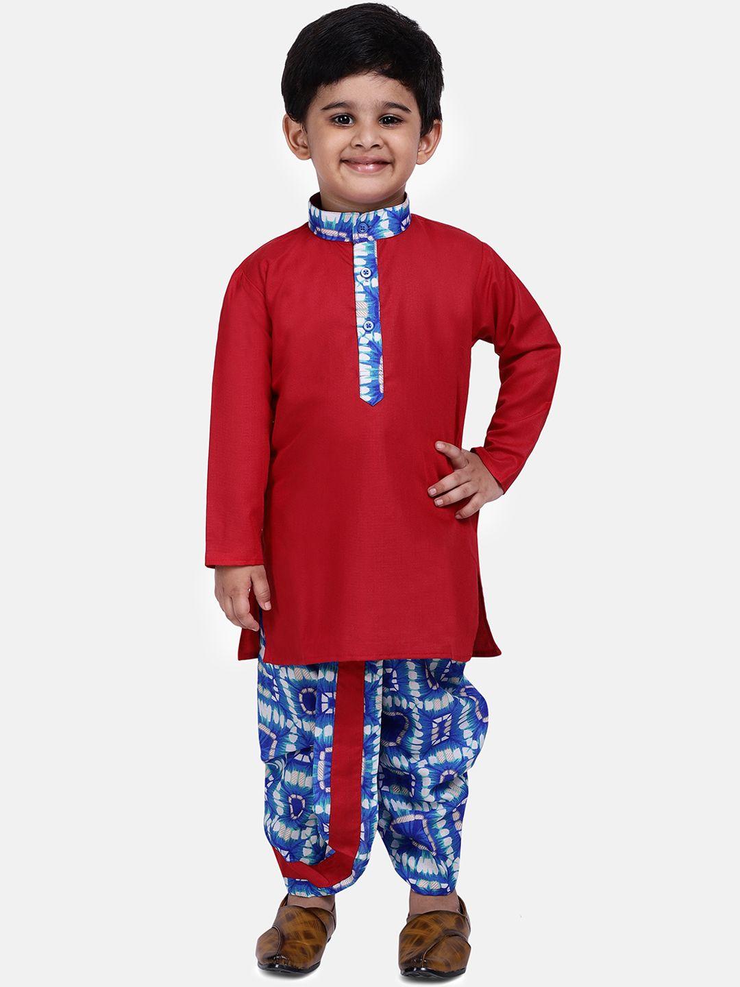 bownbee boys red & blue printed kurta with dhoti pants