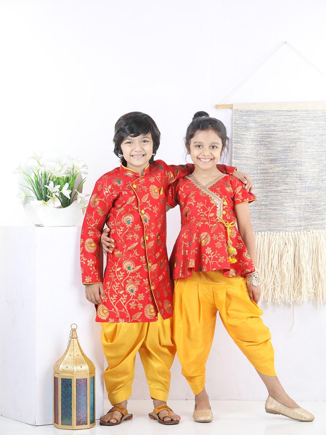 bownbee boys red & yellow printed jacquard sherwani set