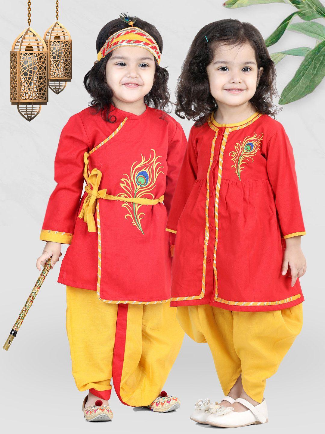 bownbee boys red ethnic motifs embroidered angrakha thread work pure cotton kurta with dhoti pants