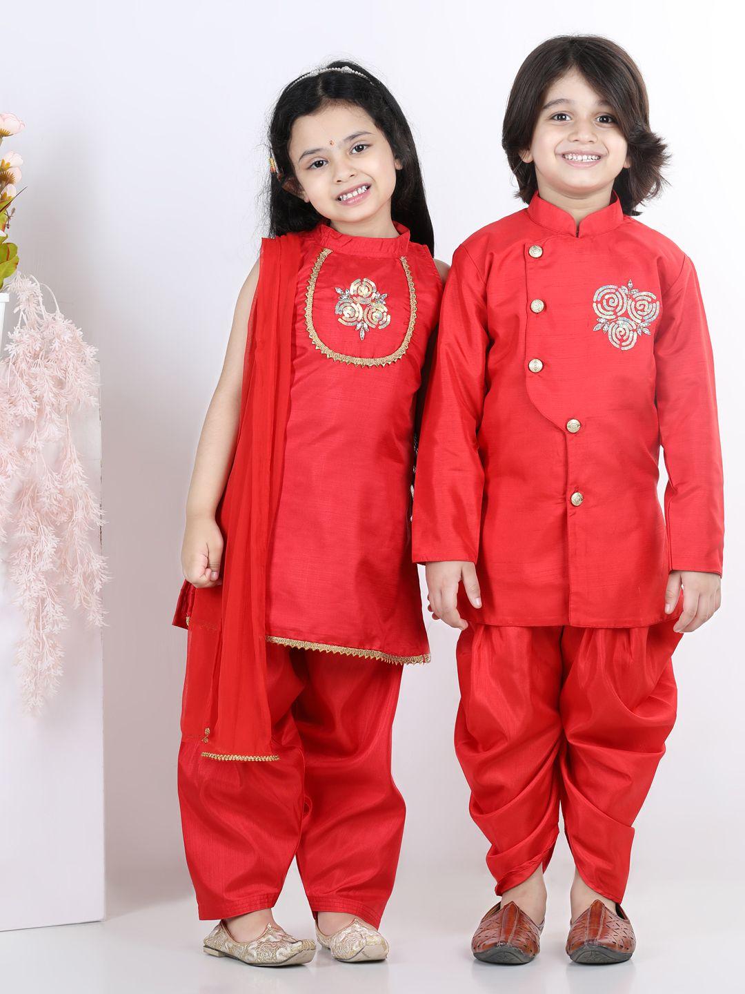 bownbee boys red floral embroidered angrakha sequinned kurta with dhoti pants