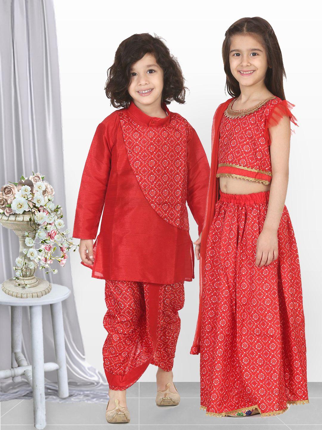 bownbee boys red printed silk kurta with dhoti pants