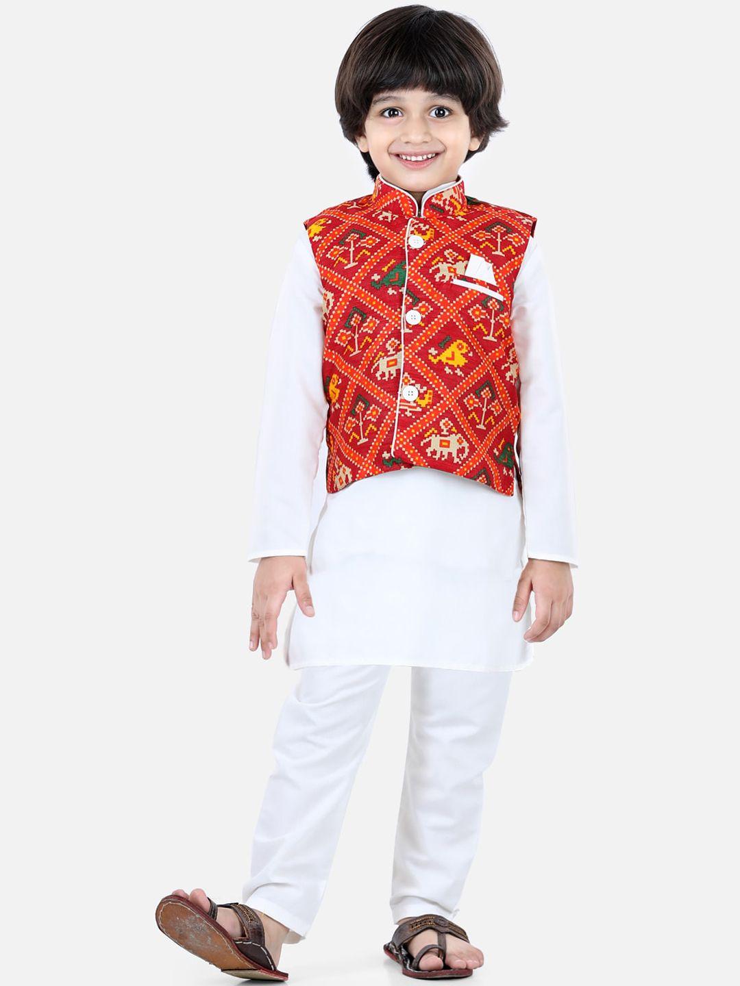 bownbee boys white regular kurta with pyjamas & jacket