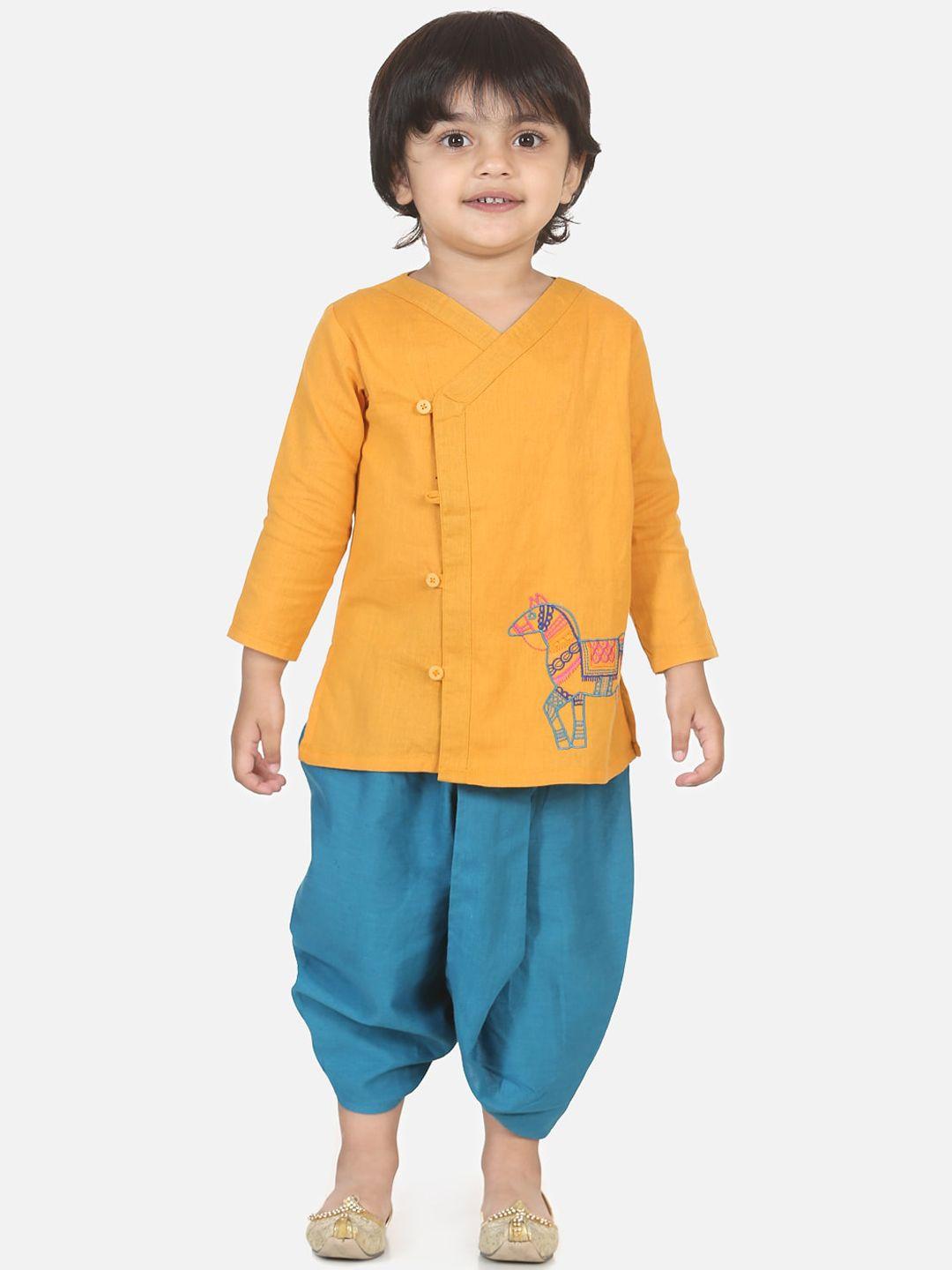 bownbee boys yellow & blue solid kurta with dhoti pants