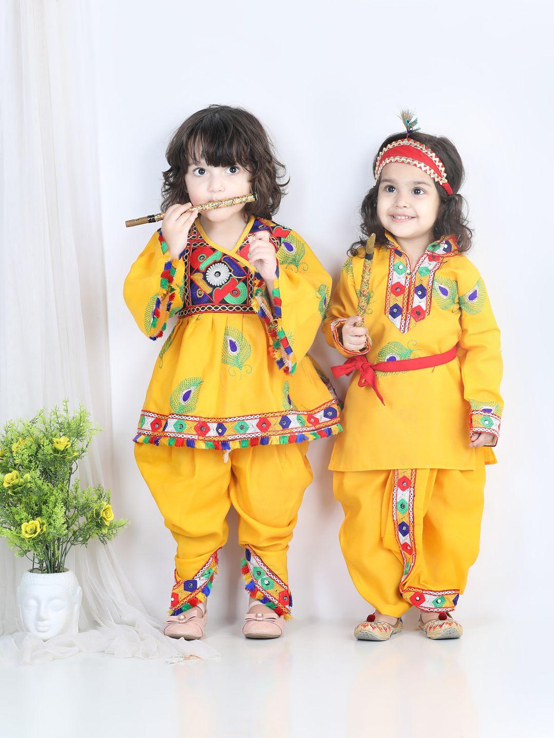 bownbee boys yellow embroidered janmashtami kurta & dhoti pants with mukut & bansuri