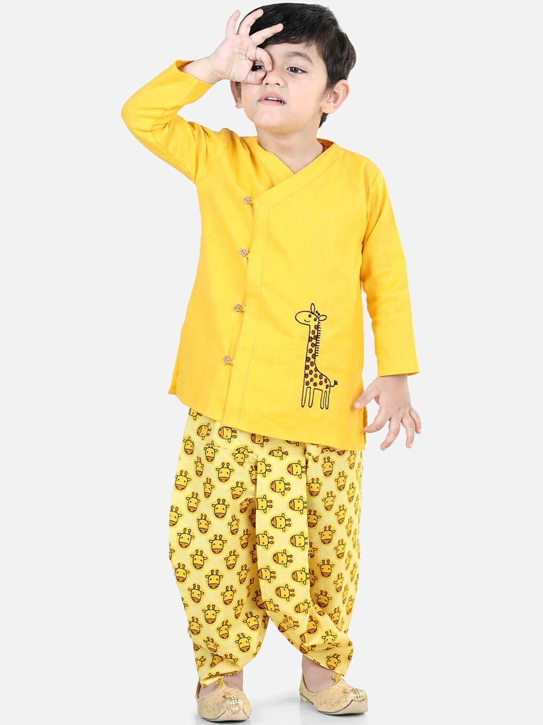 bownbee boys yellow embroidered pure cotton kurta with dhoti pants