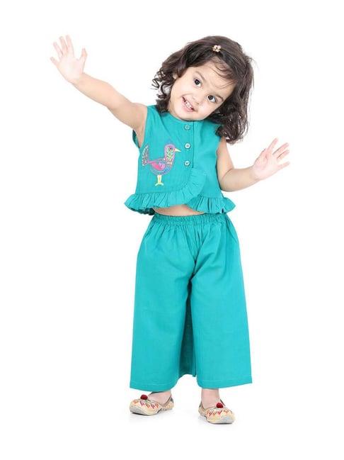 bownbee kids aqua blue cotton embroidered top & palazzo