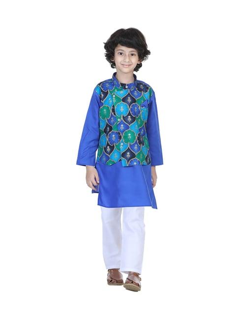 bownbee kids blue & white printed kurta, pajama with jacket