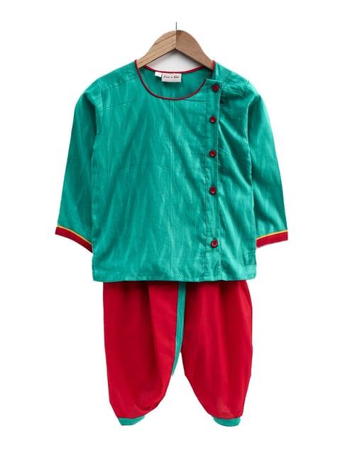 bownbee kids green & red solid  kurta with dhoti