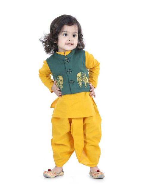 bownbee kids green & yellow cotton embroidered kurta with dhoti & jacket