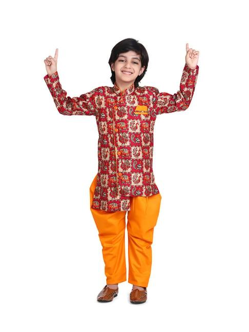 bownbee kids orange & red printed  kurta with sherwani payjama