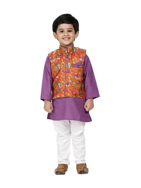 bownbee kids purple printed kurta & pajamas with waist coat