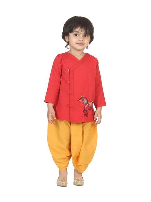 bownbee kids red cotton printed kurta & dhoti