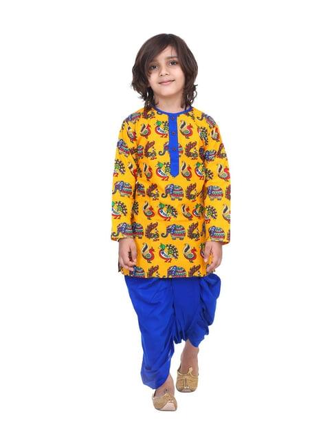bownbee kids yellow & blue printed  kurta with dhoti