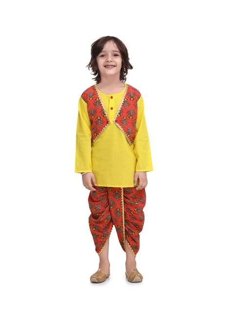 bownbee kids yellow & red floral print  kurta with dhoti
