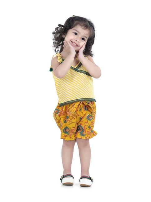 bownbee kids yellow cotton printed top & bloomer