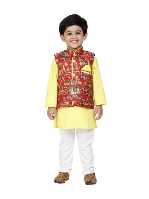 bownbee kids yellow printed kurta & pajamas with waist coat