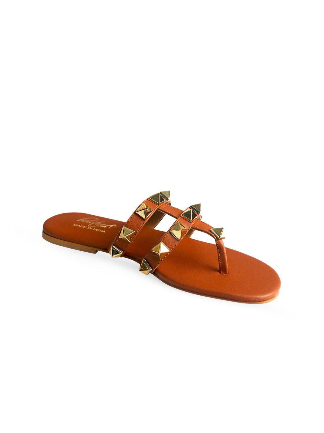 bowtoes women tan & gold embellished t-strap flats