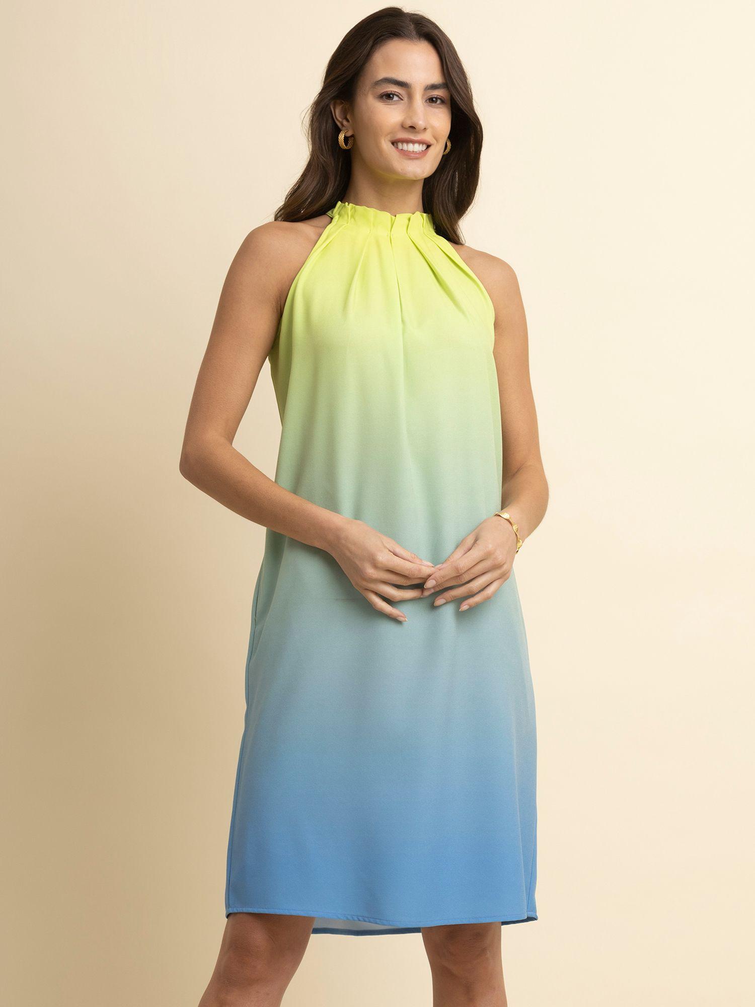 box pleat ombre dress - green and blue