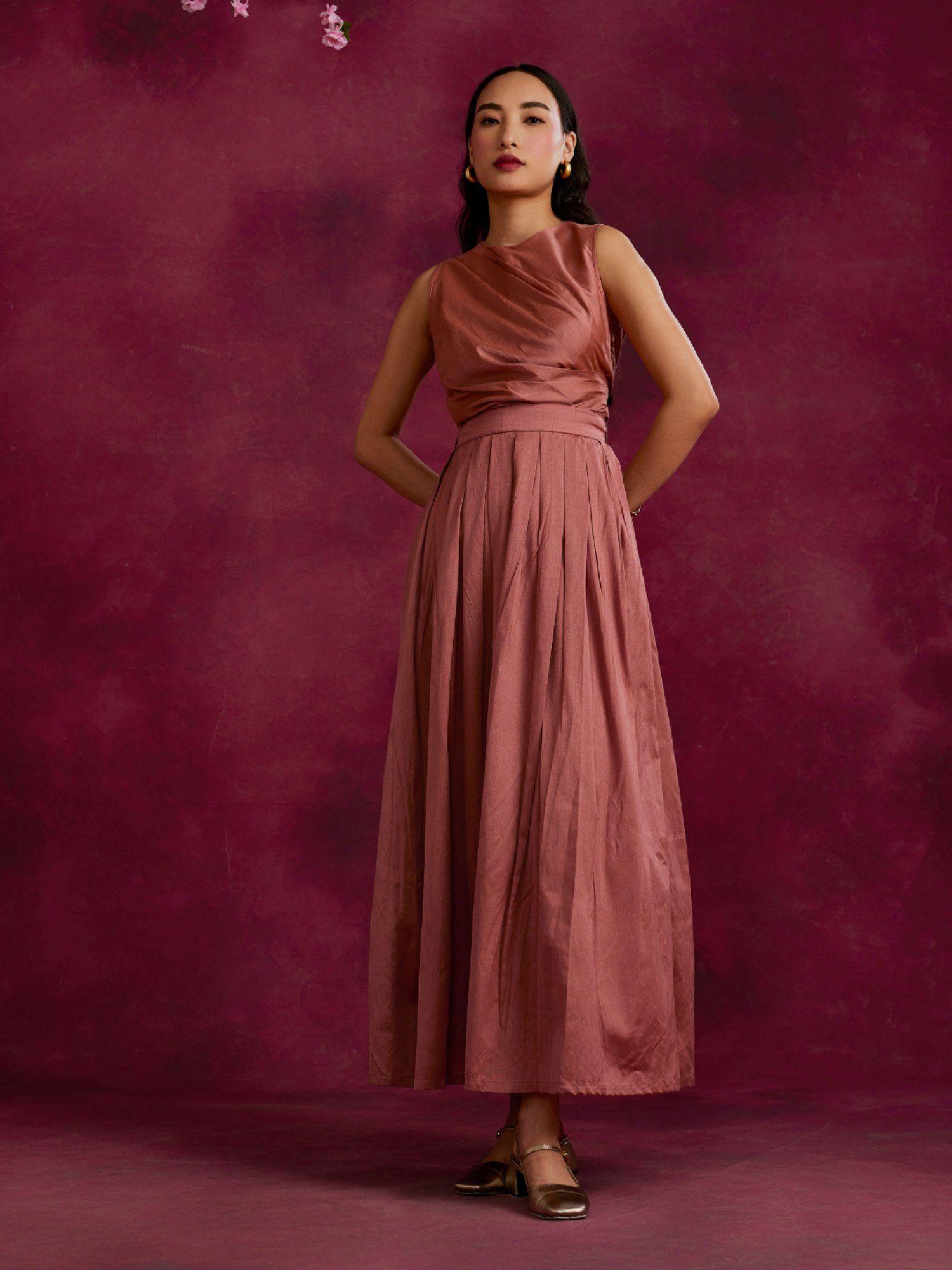 box pleated maxi skirt with attached belt tie up rose brown