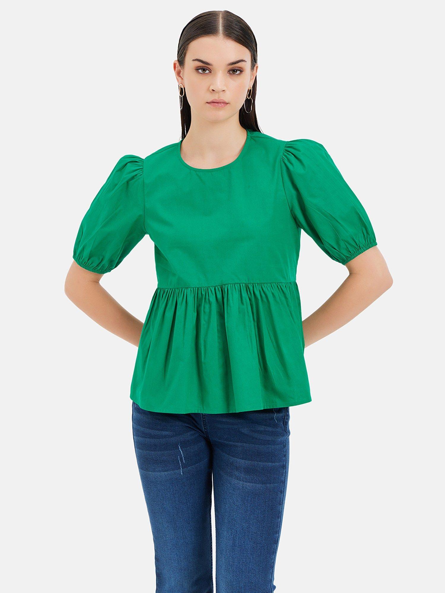 boxy fit top with puff sleeves and gathers at waist