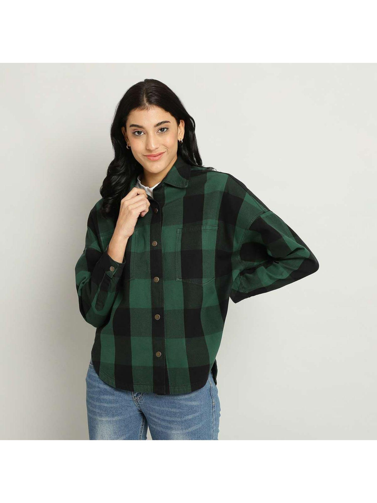 boxy green checked cotton casual shacket