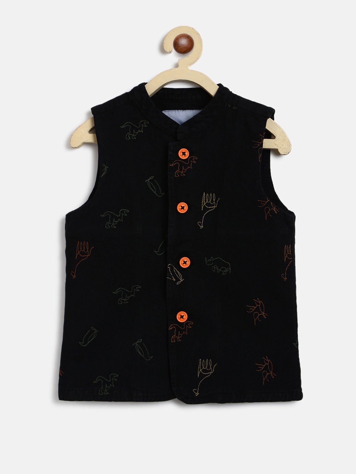 boy black cotton sleeveless embroidery nehru jacket