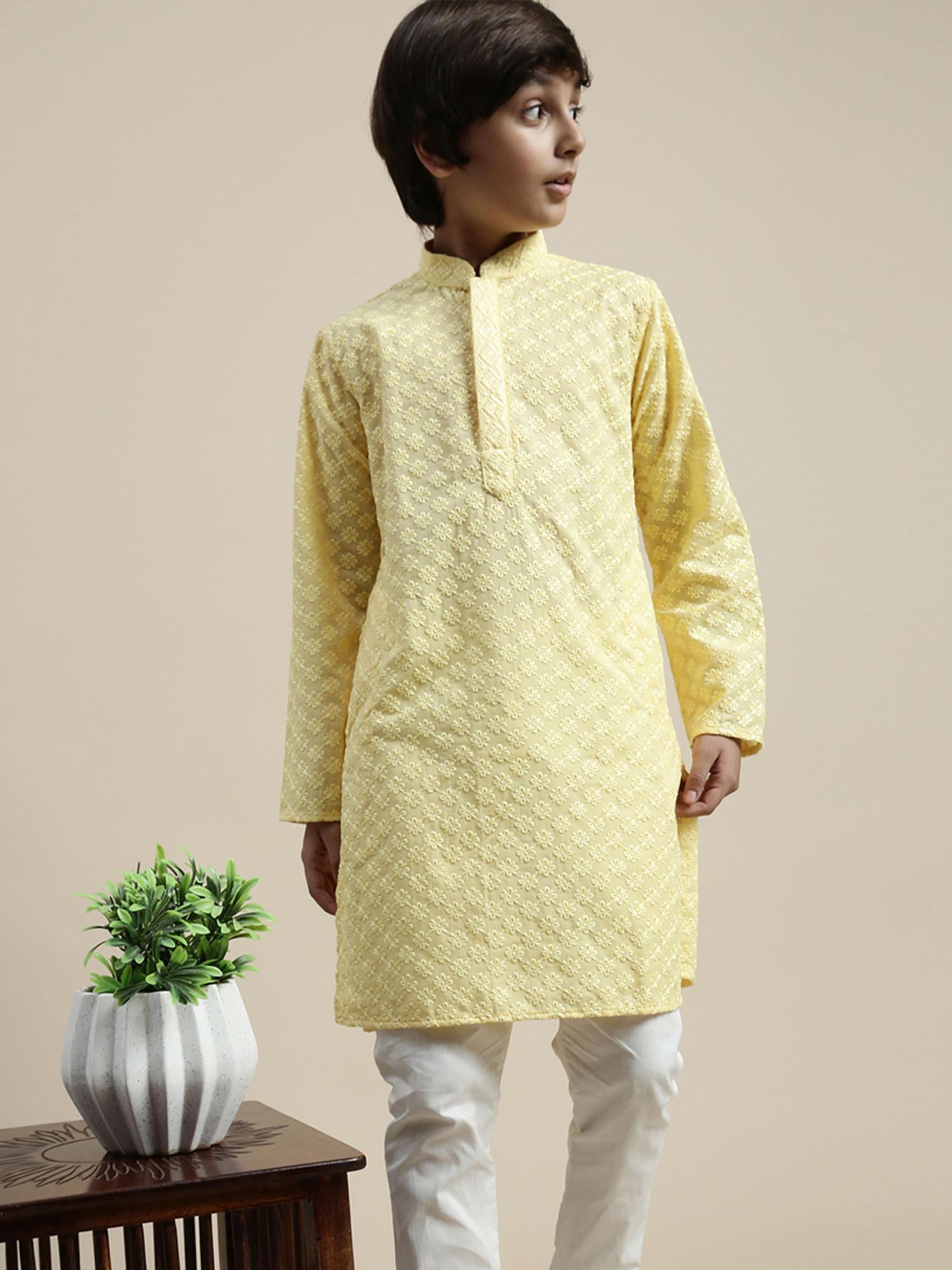 boy light yellow floral cotton chikankari designer kurta