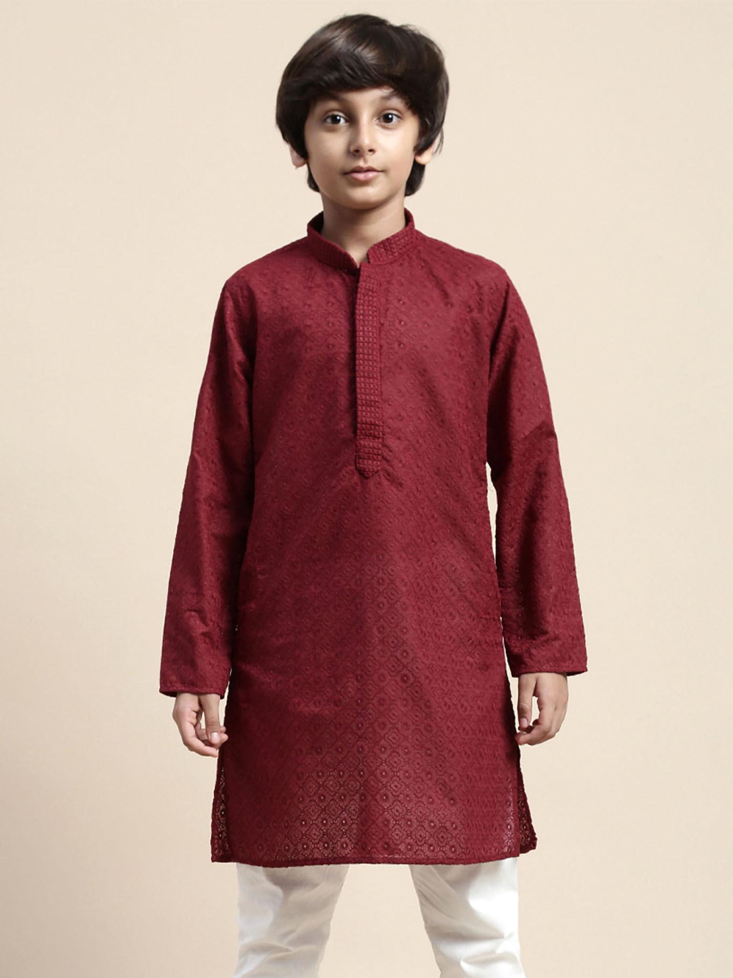 boy maroon floral cotton chikankari designer kurta