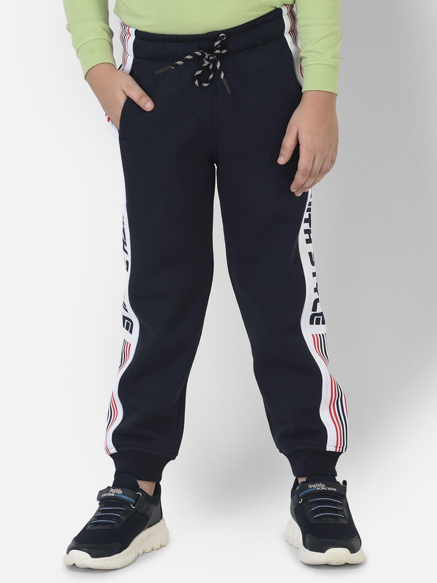 boy navy blue joggers with typographic styling