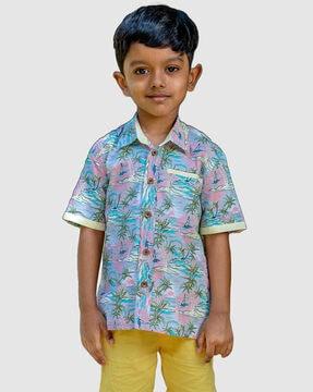 boy regular fit tropical print spread-collar shirt
