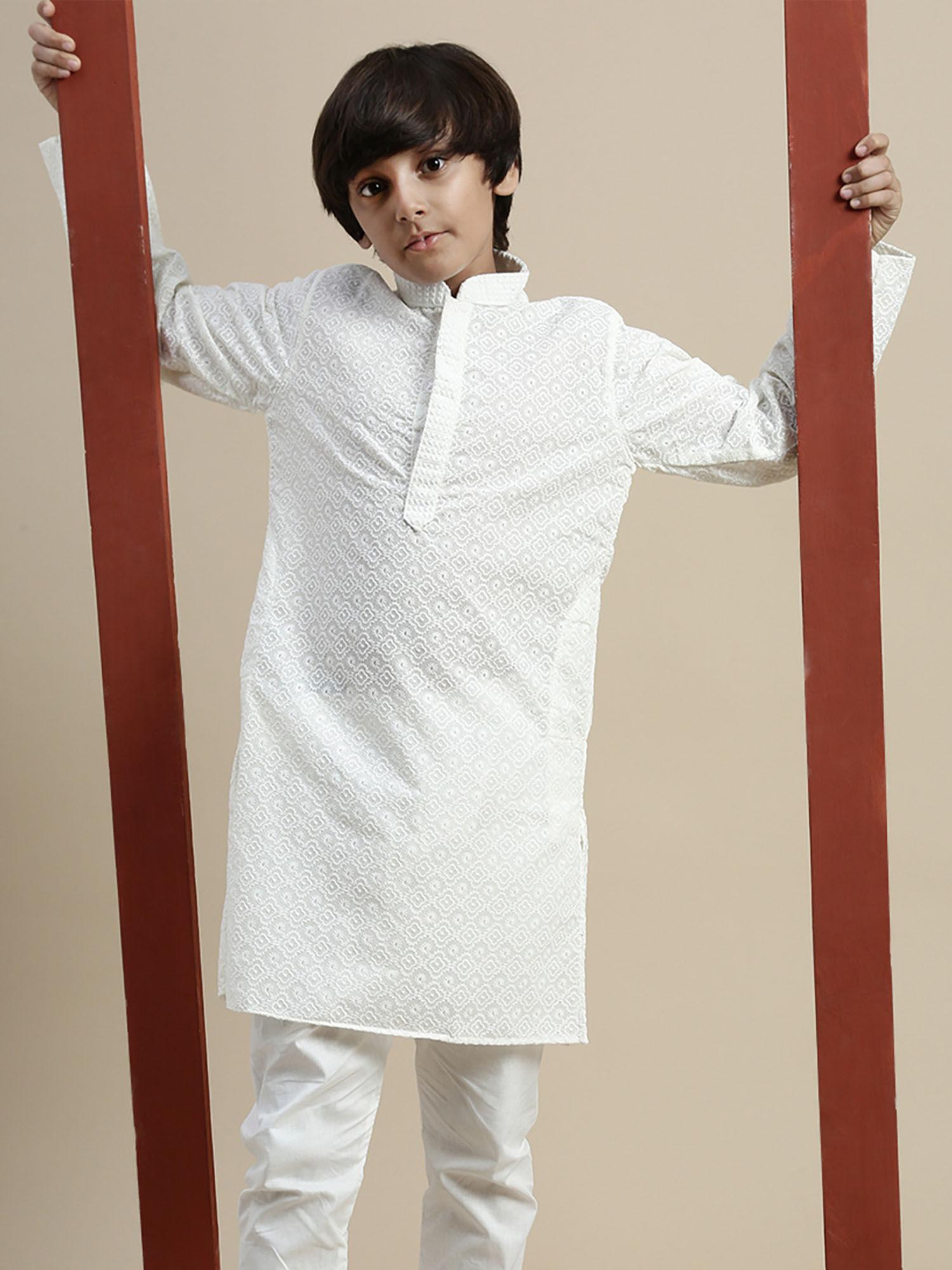 boy white floral cotton chikankari designer kurta