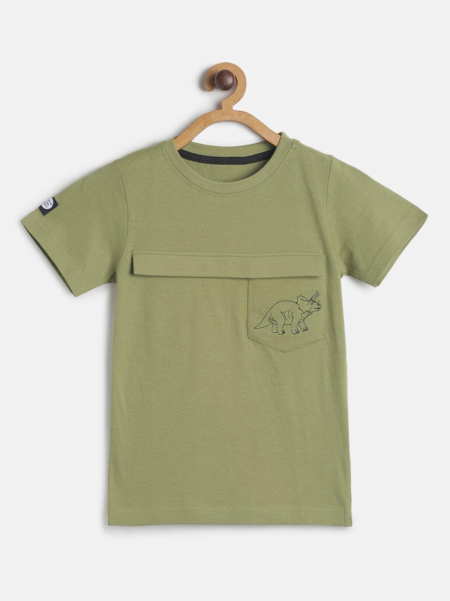 boy's green cotton solid round neck t-shirt