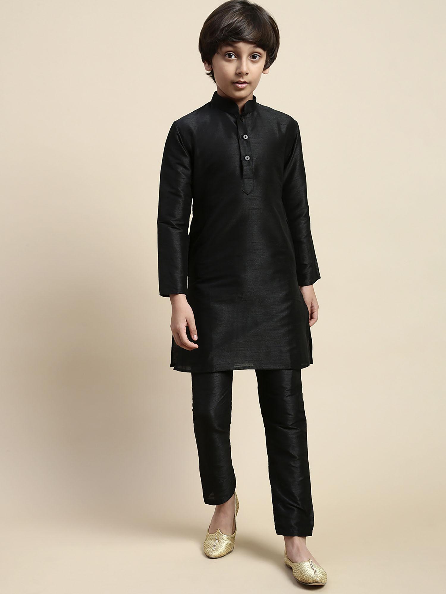 boy black art silk solid casual kurta payjama (set of 2)