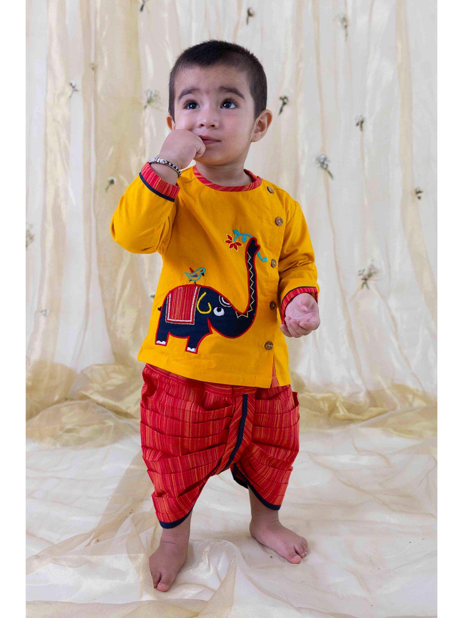 boy embroidery elephant dhoti yellow (set of 2)