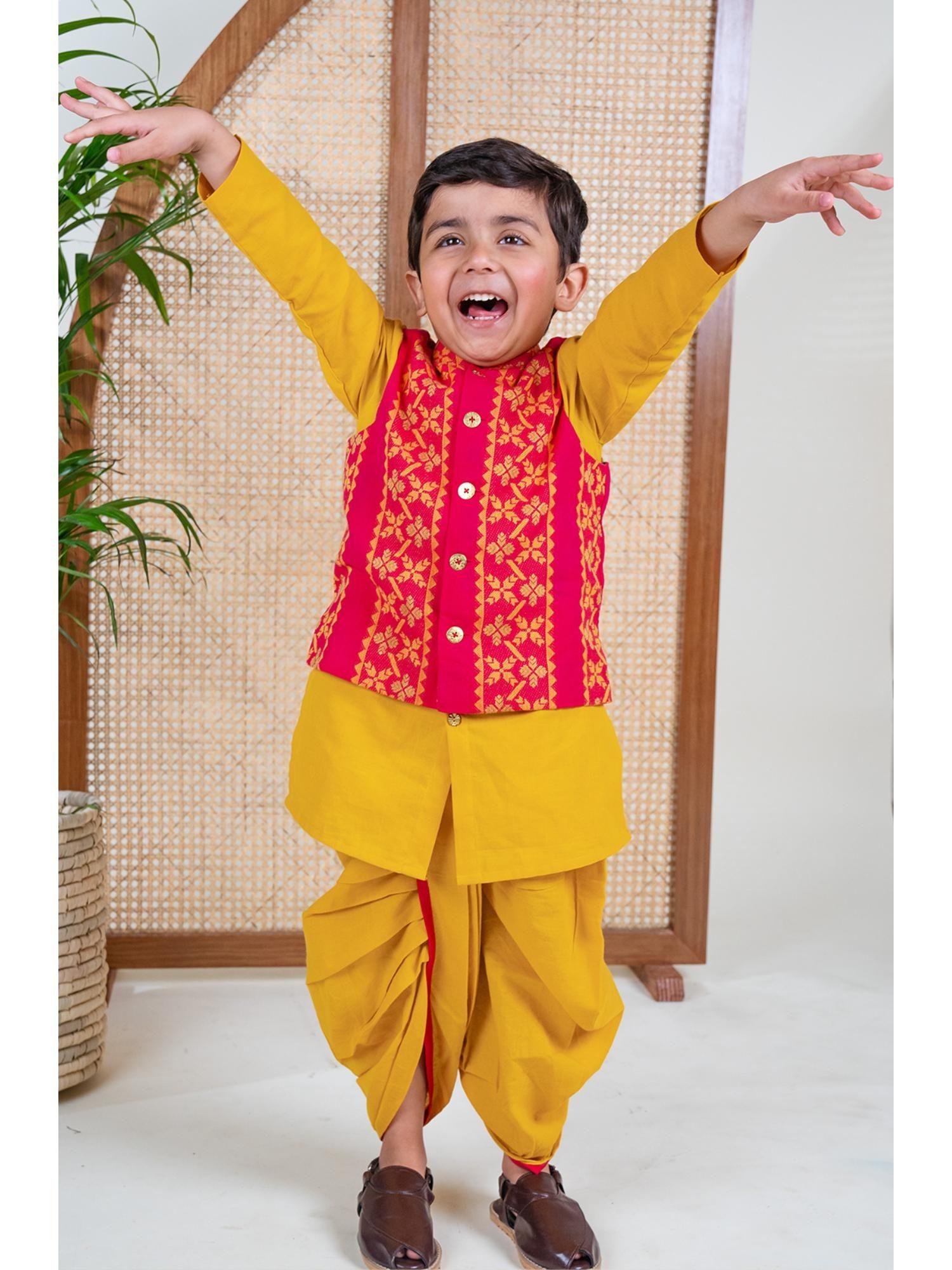 boy jacquard kurta with dhoti & bundi yellow (set of 3)